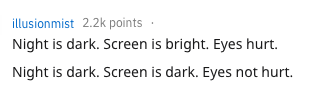 Reddit user's response on the benefits of dark mode